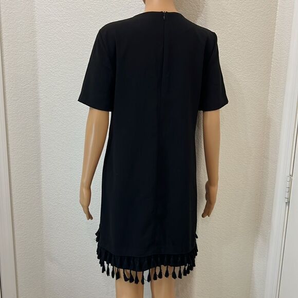 Zara Woman’s Black Dress Size Small Scoop Neck Short Sleeve Fringe Zipper Back - Picture 6 of 12